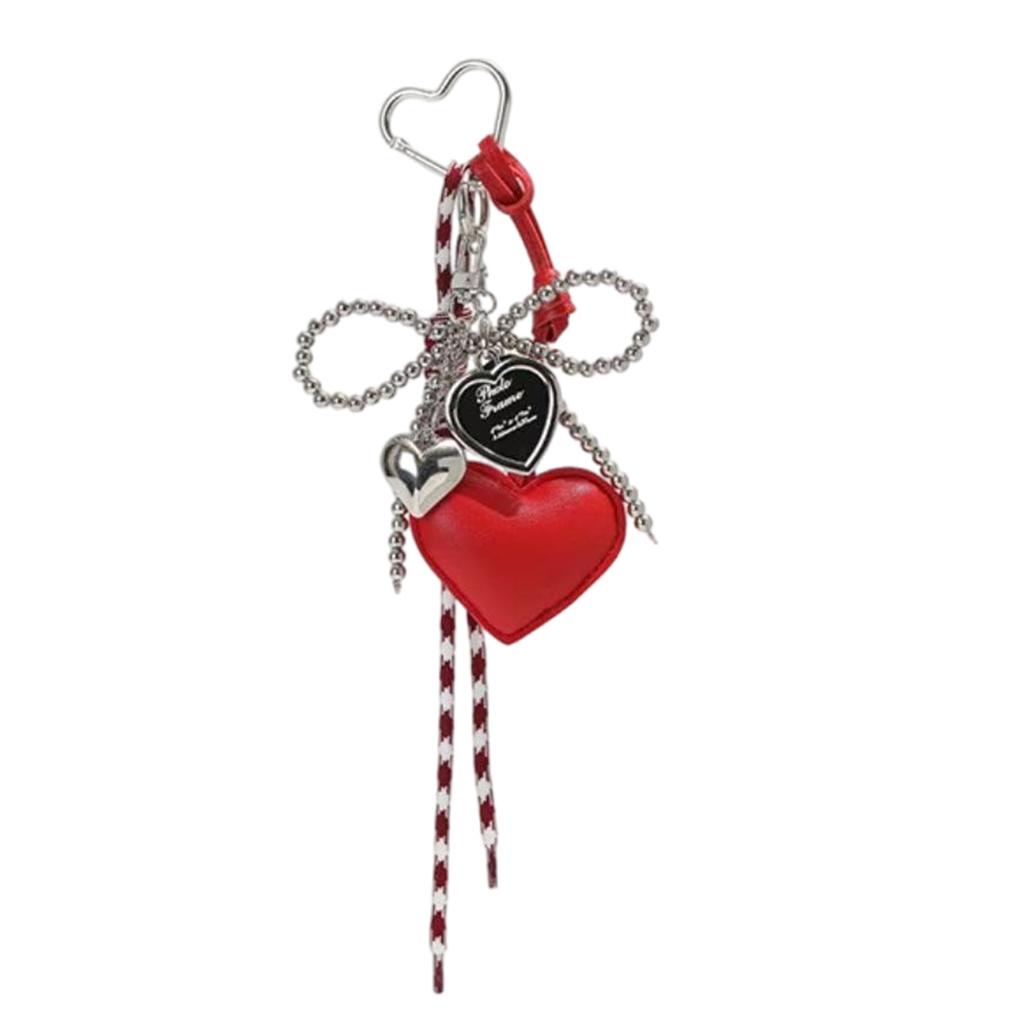Glossy Leather Heart Keychain Faux Pearls Bowknot Braided Rope Car Keyring Bag Charm Gift Accessory for Women Girls