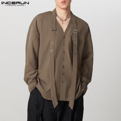 Men V Neck Long Sleeve Patchwork Button Up Casual Loose Shirts
