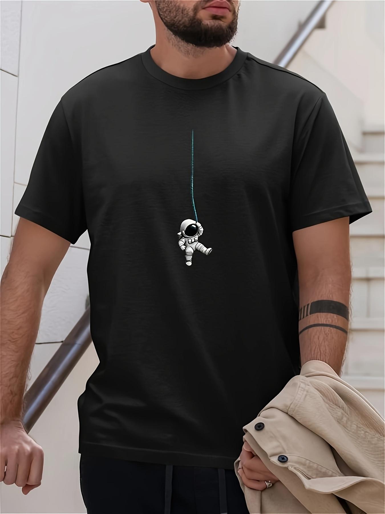 Heavyweight 100% Cotton T-shirt - White Crew Neck Short Sleeve Shirt with Minimalist Astronaut & Earth Graphic XXXXL