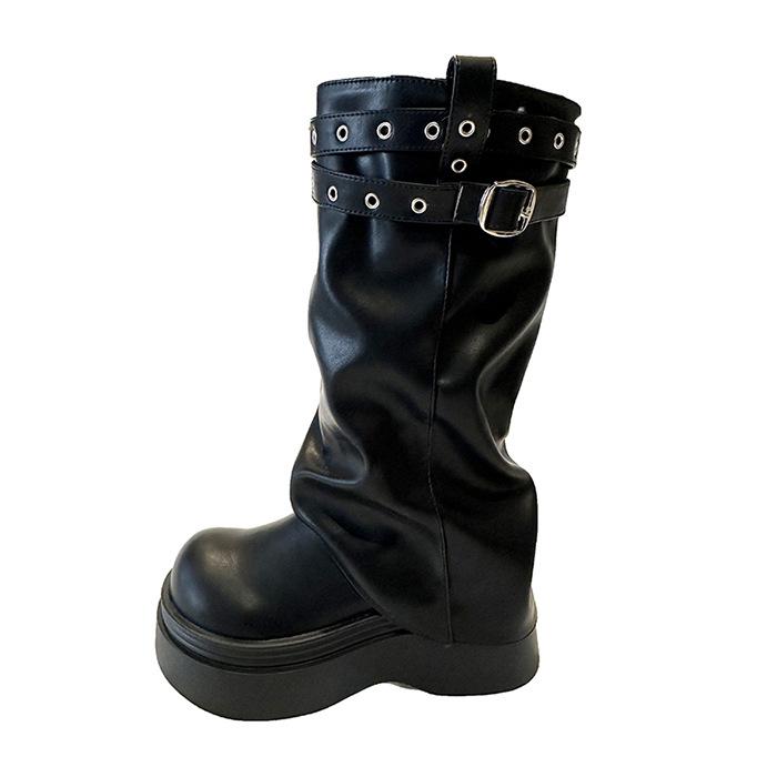 White retro platform boots women's boots 2025 new autumn versatile small height-increasing and thin trouser boots