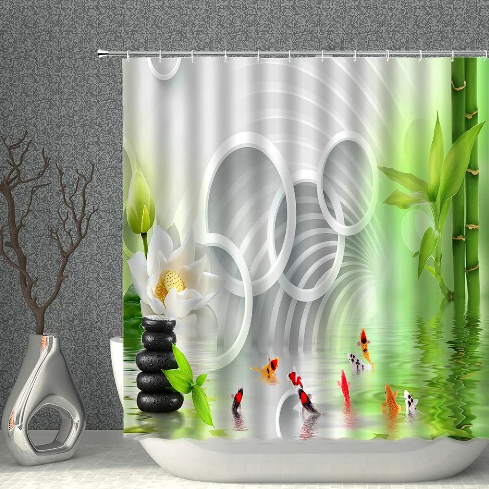 Zen Stone Shower Curtains Green Plant Bamboo Flower Candle Bath Decor Printed Polyester Fabric Home Decoration Bathroom Curtain