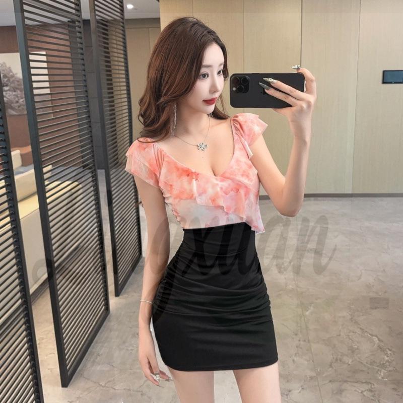 V-Neck Mesh Ruffle Waist-Cinching Bodycon Dress Small розовый/цветочный