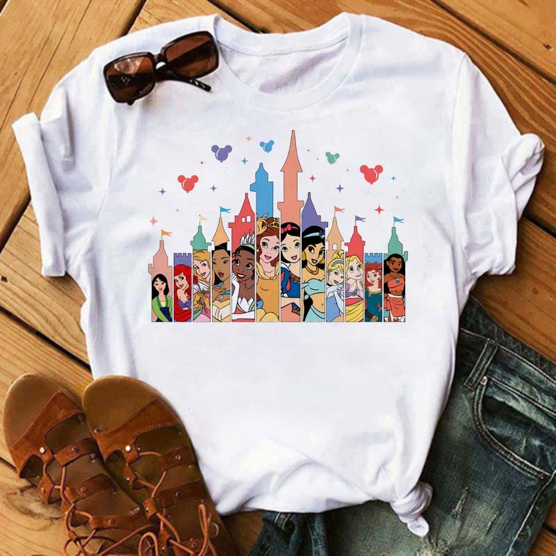 Funny Summer Disney Villains Printed Women T Shirts Round Neck Y2k Clothes Cartoon Graphic T Shirts 90s Female Tops Tees