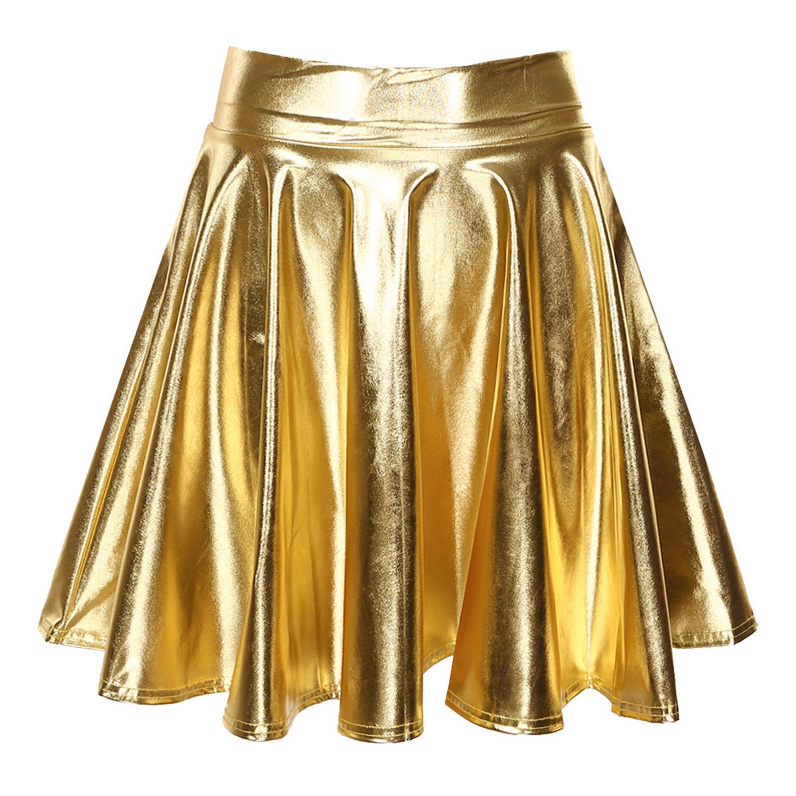 

Women High Waist Flare Skirt Glossy Metallic Shiny Ruffle Party Dancewear Club Stage Costume Skirt XL