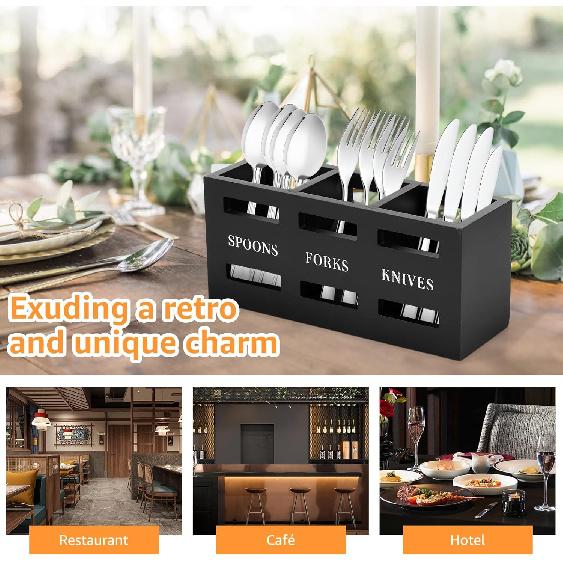 Silverware Caddy, Wood Utensil Caddy with 3 Compartments, Large Capacity Silverware Holder, Multipurpose Utensil Holder, Flatware Caddy, Stylish
