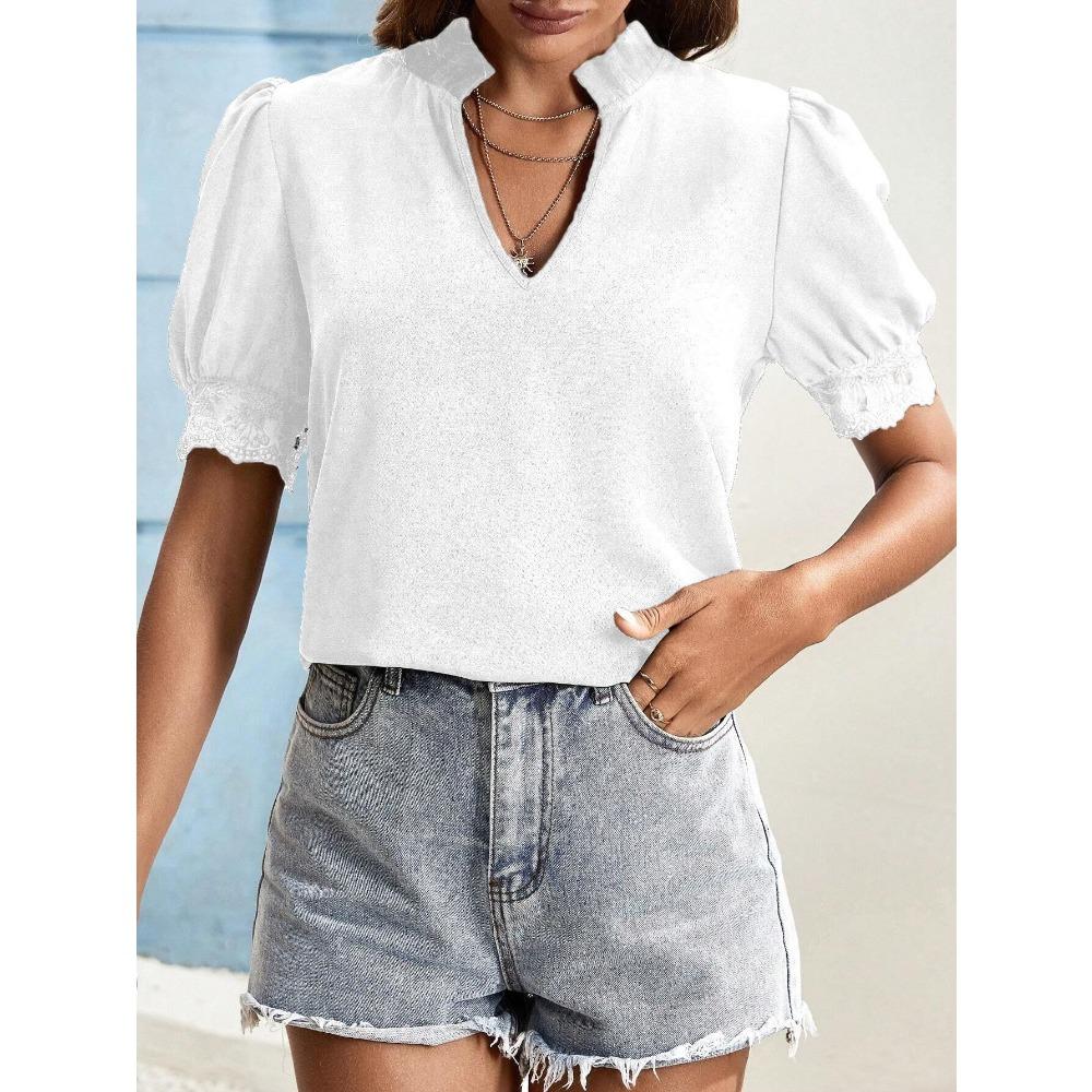Women's Short-sleeved Tops Summer New Fashion T-shirt Versatile V-neck Shirt Lantern Sleeve Splicing Lace Blouse