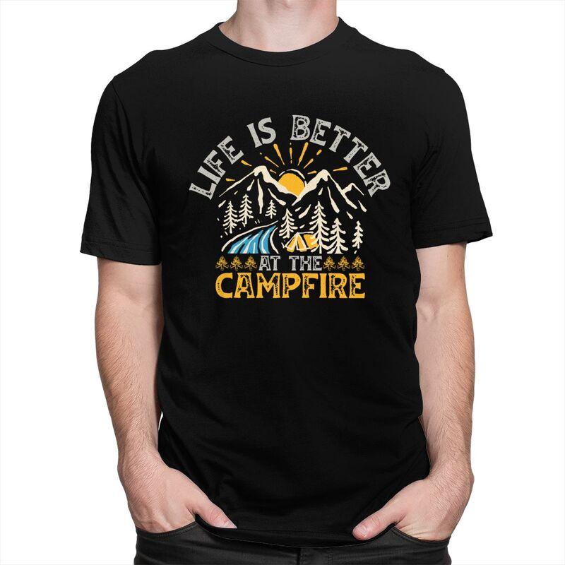 Custom Life Is Better Campfire Mountain Camping T Shirt for Men Pure Cotton Tshirt Fashion Tees Tshirt Loose Fit Clothing Gift
