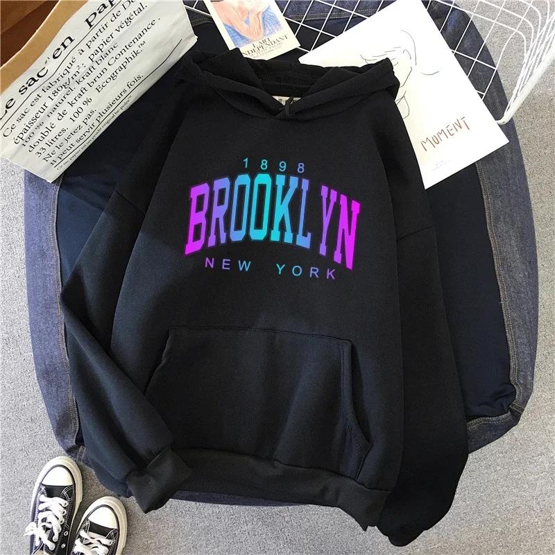 Brooklyn Print Hoodie for Woman High Grade Urban Casual Fashion Hooded Sweatshirt Girl Daily Home Outdoor Comfort Loose Pullover