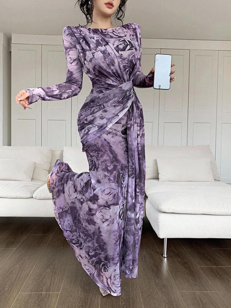 2025 Summer European & American U-Neck Long Sleeve Patchwork Slim Fit Printed Women's Dress