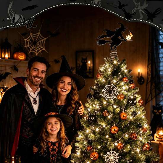 Seasonal Tree Accessories Halloween Witch Topper, with LED Lights, Black Iron Matte Metal Decor Art Silhouette Ornament, for Christmas And Holiday