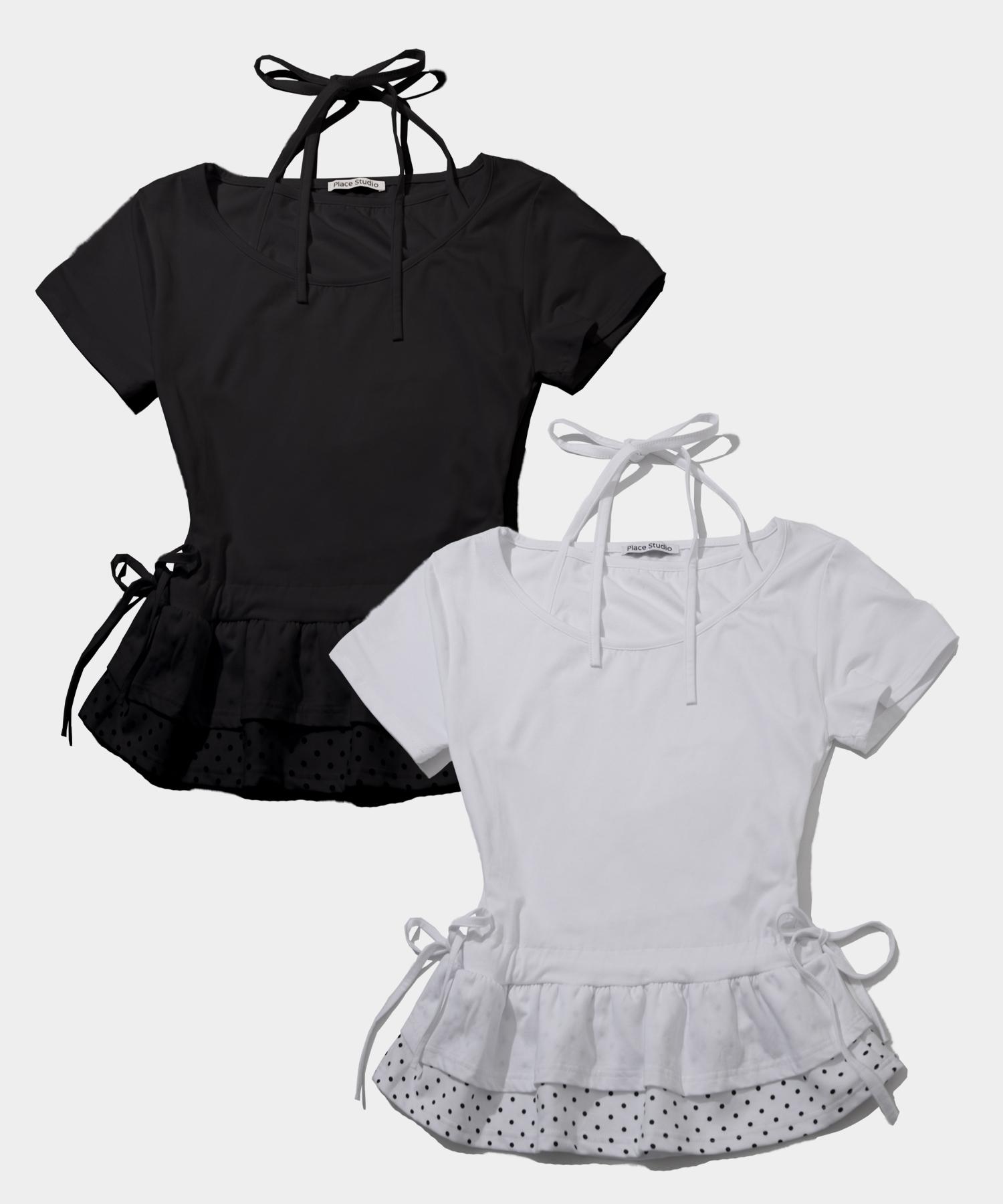 Place Studio Strap Sleeveless Layered Shirred Dot Frill Short Sleeve T-Shirt _ 2 Colors White/Free