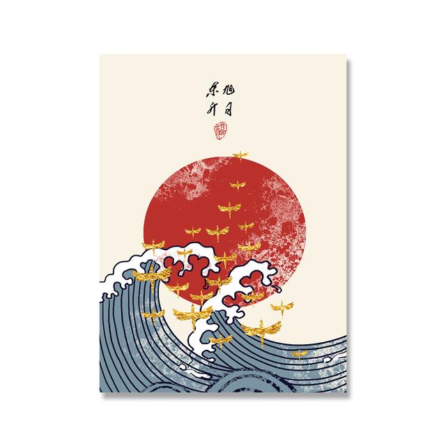 Vintage Japanese Canvas Painting Lotus Goldfish Print Pictures Home Decor Hokusai The Great Wave with Rise Sun Exhibition Poster No Frame