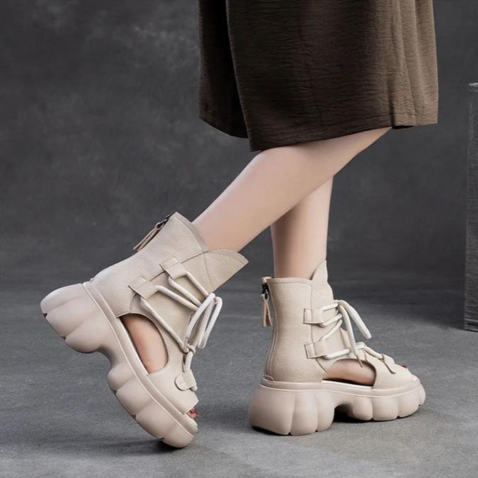 Johnature Retro Hollow-out Peep Toe Roman Sandals Fashionable Front Lace Up Women's Platform Shoes
