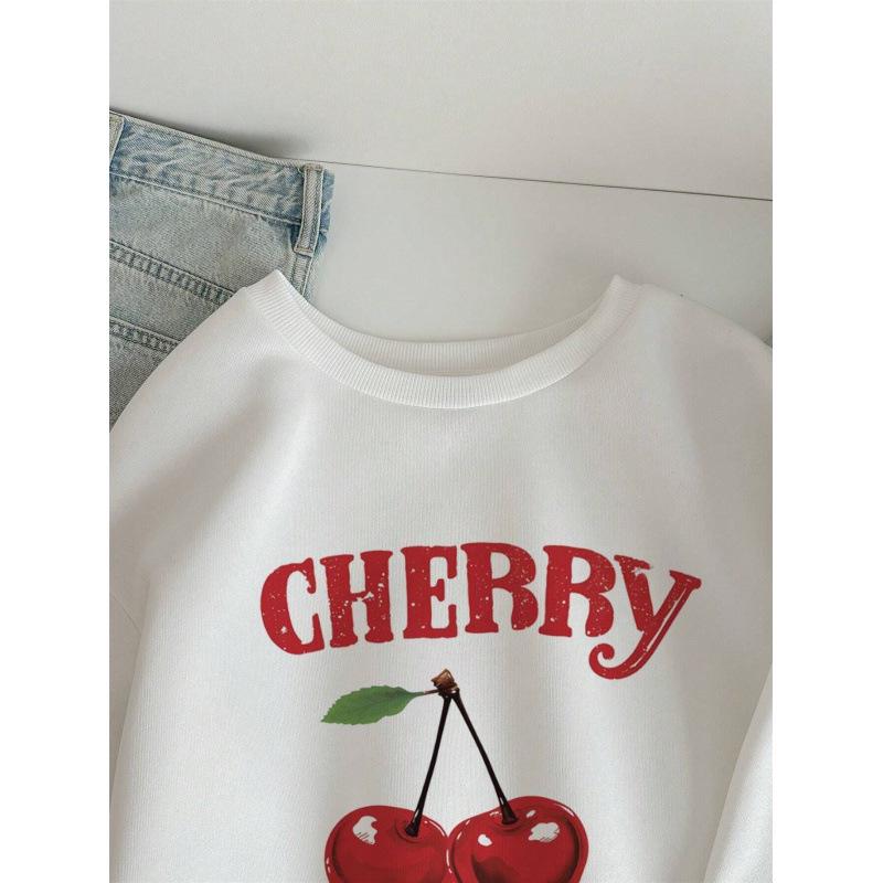 Women's European & American Autumn Cherry Print White Long Sleeve Hoodie - Casual, Loose, Versatile Style