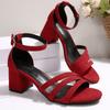 Fashion Open Toe Block Heel Sandals Summer New Suede Round Toe One Buckle Strap Fashion Solid Color Skinny High Heels