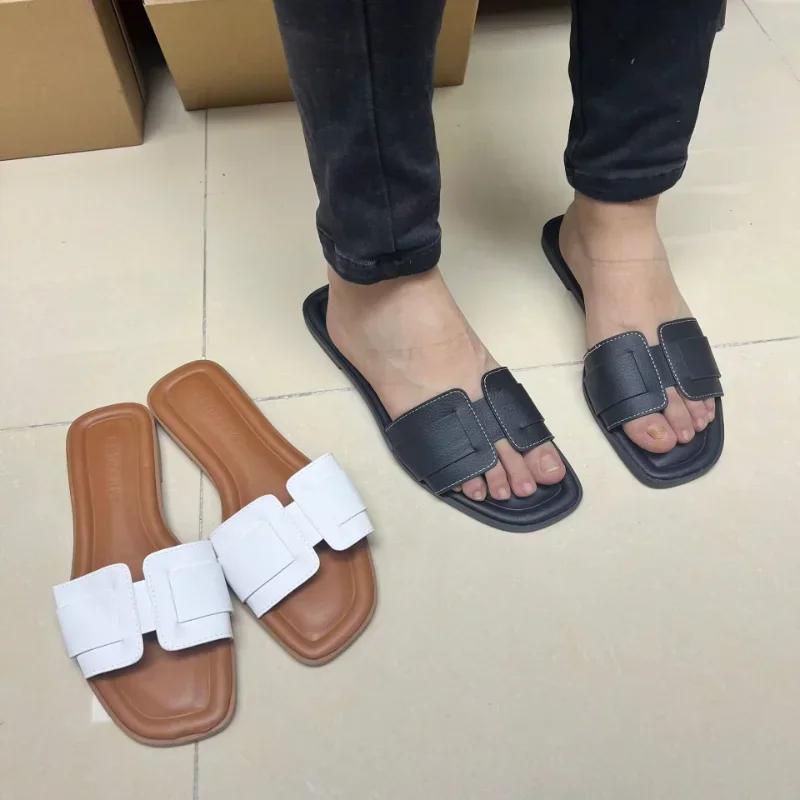 Fashion Causal Flat Woman's Slippers Peep Toe Outside Street Female Beach Shoes 2025 Summer Soft Leather Brand Design Ladies Slides