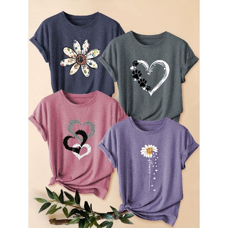 Four-piece set of women s heart-shaped floral short-sleeve tops Overlapping heart-shaped cutout floral print round-neck summer dress T Shirt Suitable S