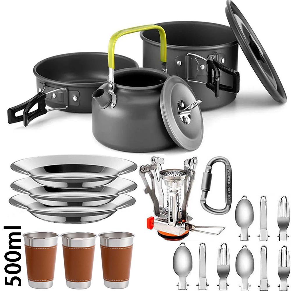 Outdoor camping cooking set outdoor water boiling and vegetable frying aluminum alloy portable set [with igniter]