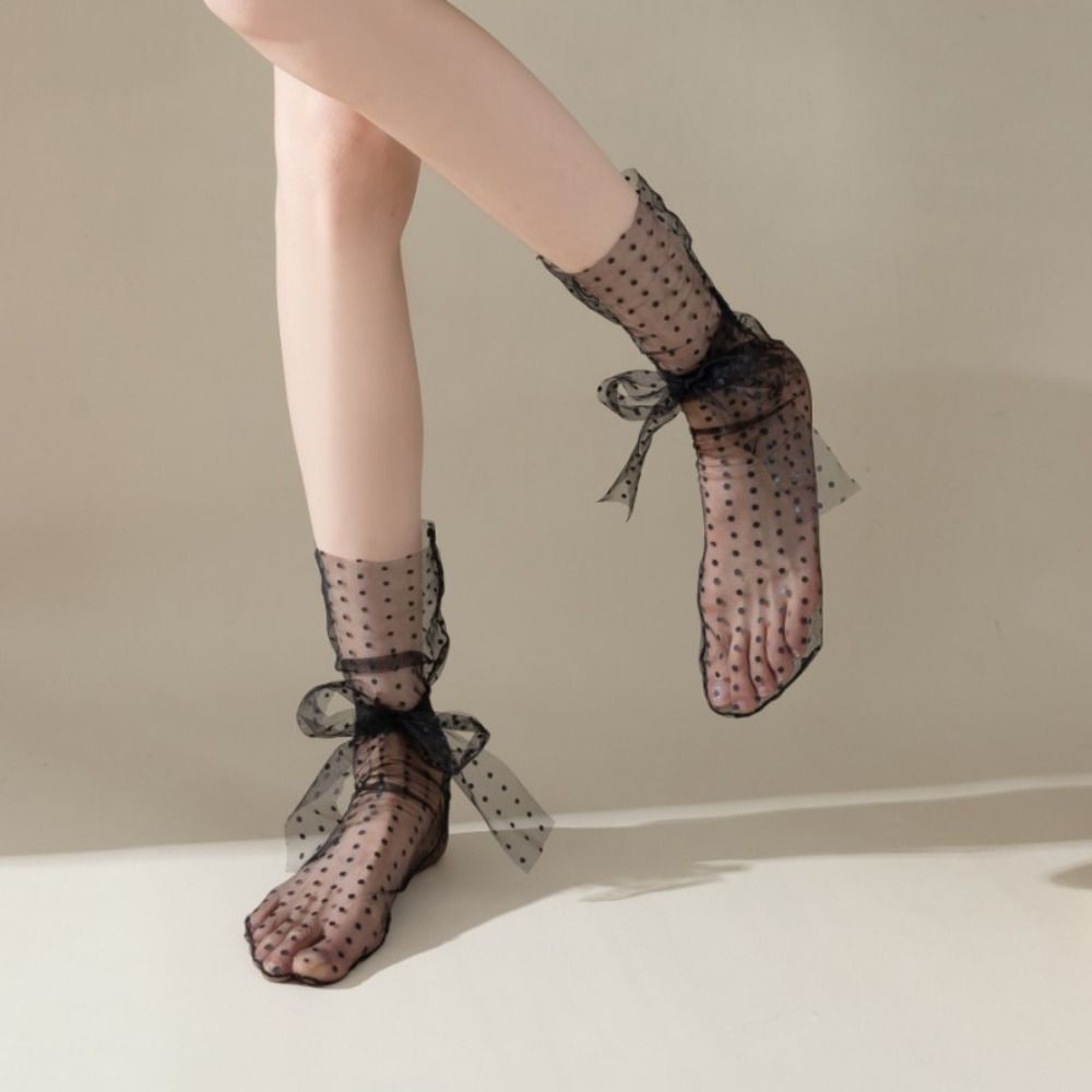 Quick Dry Lace Dot Middle Tube Socks Sheer Mesh Tulle Bow Short Socks Breathable   Girl