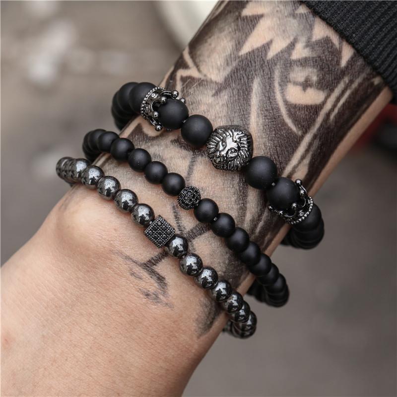 Vintage Schwarzes Mattes Armband Zirkon Krone Diamant Kugel Würfel Löwenkopf Perlenarmband Set