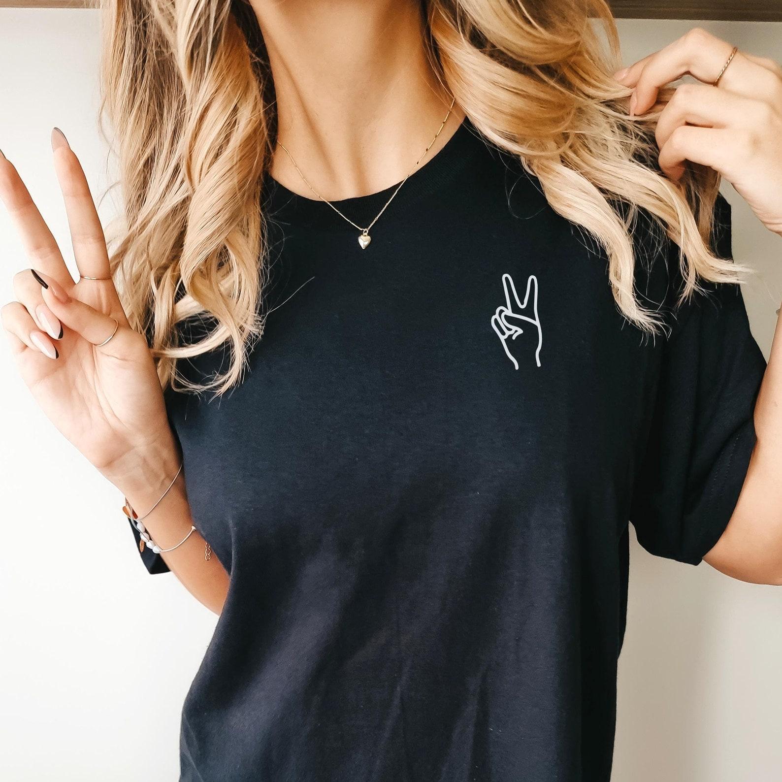 Peace Sign Shirt Minimalist Pocket Tee, Positive Hand Symbol (Unisex XS-2XL, Cotton Blend) 3XL
