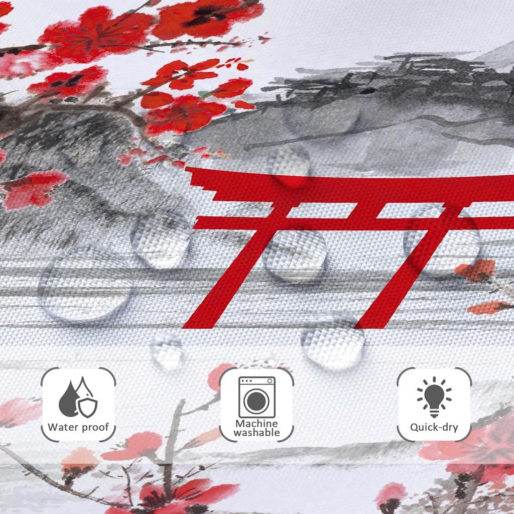 Japanese Shower Curtain Fuji Mountain Cherry Blossom Asian Anime Theme Burgundy Sun Koi Watercolor Floral Spring Cool Fabric