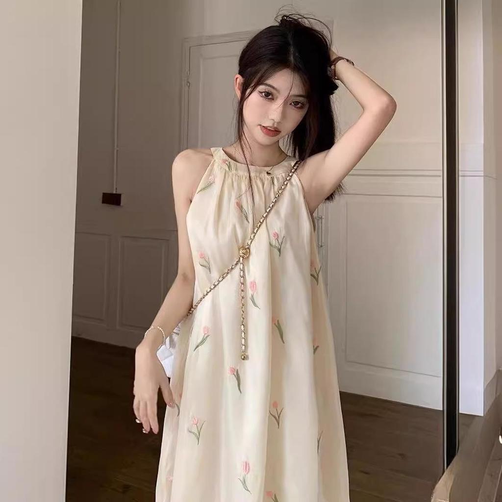 Summer Floral Off-Shoulder Halter Midi Dress - Elegant & Slimming Beachwear for Women