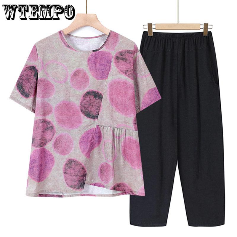 

WTEMPO Летний комплект из двух предметов для женщин среднего и старшего возраста, большие размеры, футболка с короткими рукавами, брючный костюм 5XL