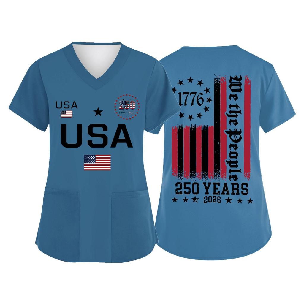 Women's V Neck Short Sleeve Work Shirt with Pockets USA Independence Day Print Medical Uniform Top for Caregivers and Healthcare Professionals