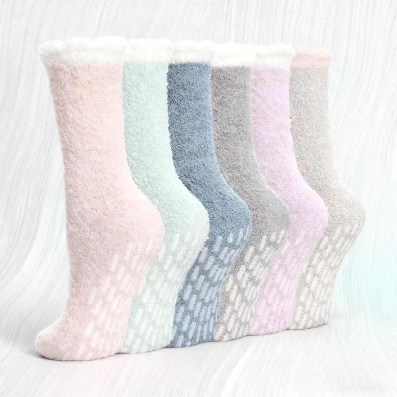 6 Pairs  Women's Non-Slip Thermal Fleece Socks Winter Thick Floor Socks Solid Color Mix Soft Polyester One Size Color As Same As The Picture