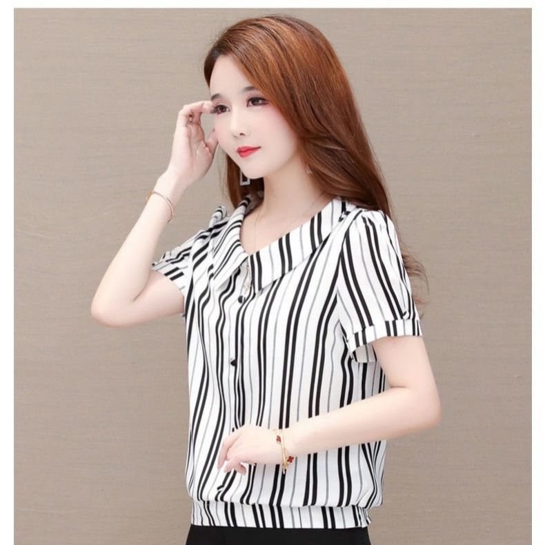 Versiunea coreeană cămașă cu dungi cu mâneci scurte bluză cu gât de păpușă cu fundul vară nou Top M-3XL