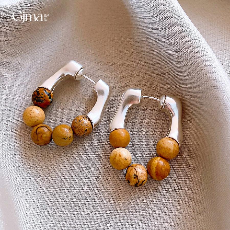 Silver Needle Retro Maillard Wind Stone Beaded Earrings Earrings Personalized Simple Earrings Women