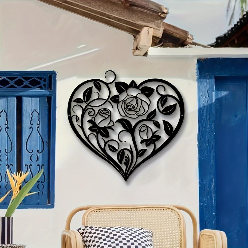 Iron Heart Wall Art, Black Metal Floral Design for Garden Balcony, Romantic Farmhouse Hanging Decor, Durable 2D Indoor Outdoor Ornament