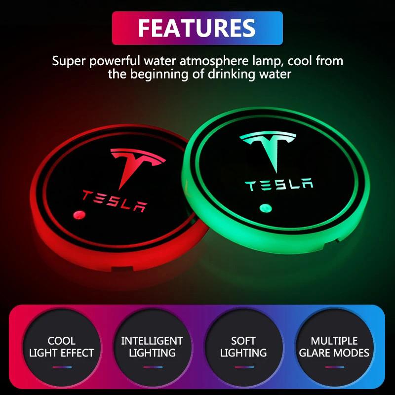 Led Water Cup Lights Anti-Slip Coaster Auto Atmosphere Lamp For Tesla Model 3 Model S Model X Model Y Cybertruck Roadster