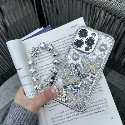 Glue Sequined Pearl Butterfly Mobile Phone Case for IPhone17promax Fine Hole Lens Anti-fall for Apple 16 Female