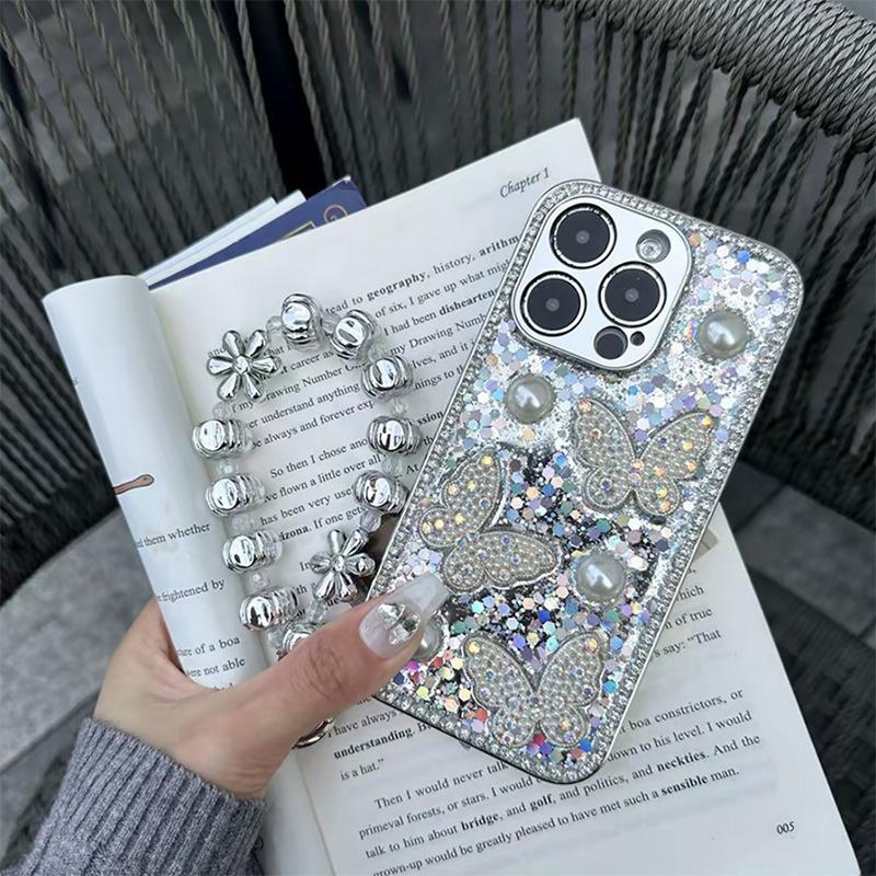 Klebe Pailletten Perle Schmetterling Handyhülle für IPhone17promax Feines Loch Linse Sturzsicher für Apple 16 Weiblich