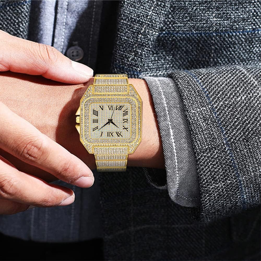 Apzzic Diamond Ice Out Watch CZ Gold Plated 40mm Roman Numerals Dial Quartz Wristwatch Men Women Fashion Gold
