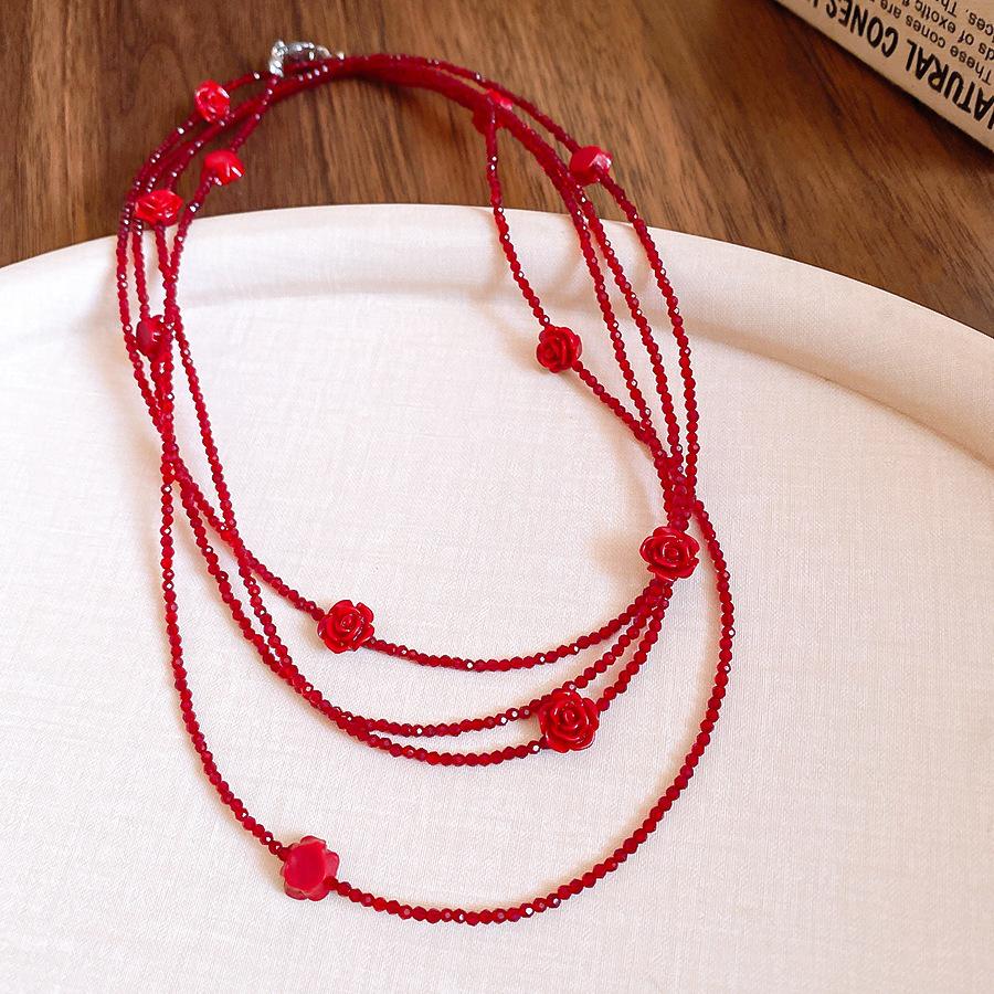 Французский винтажный красный смоляной цветок с бусинами, многослойное ожерелье, аксессуары, цепочка для женского свитера, аксессуары
