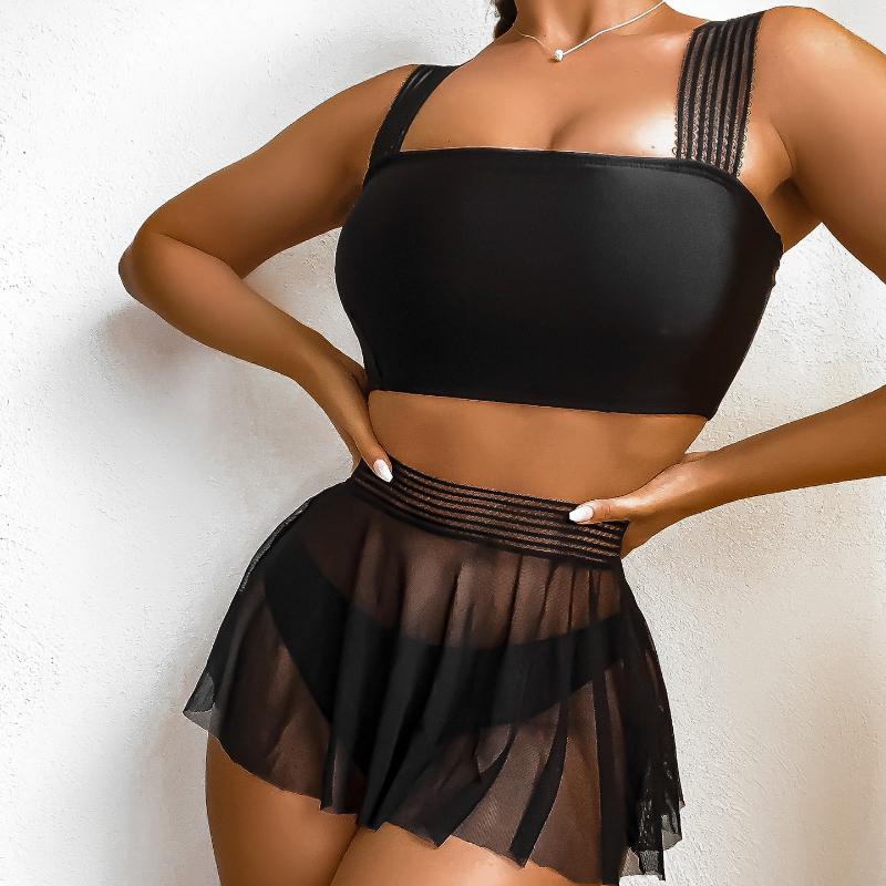 Women's Swimsuit Solid Color Wide Strap Sexy Mesh Bikini Thong Brazilian Beachwear Bathing Suits