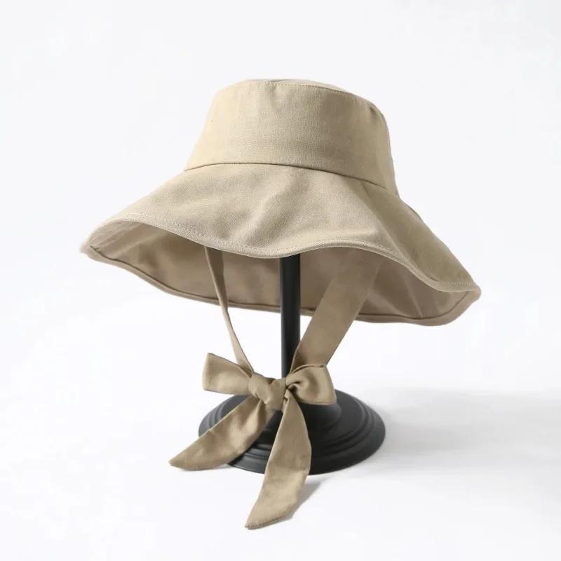 Summer Spring Tie Bucket Hat Women Big Brim Fisherman Hat Foldable Sunscreen Chic Cotton Linen Beach Sun Hat