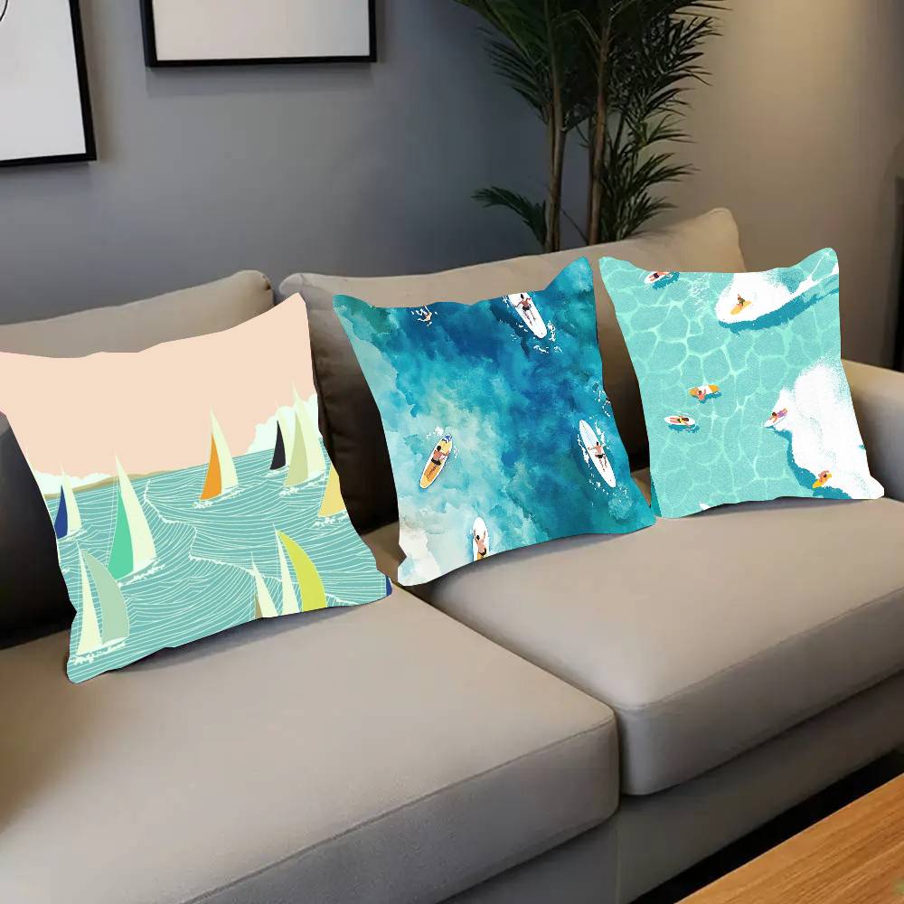 Vintage Maritime Surfing Beach Pillow Case Fashion Square Pillowcase Bedroom Sofa Room Ins Decoration Leisure