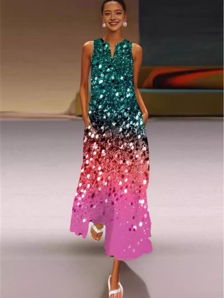 Sexy Sleeveless V Neck Printed Long Dress Women Summer European American Style