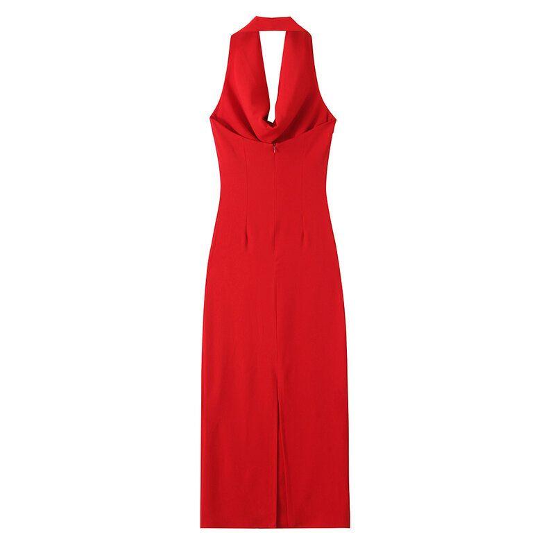 Fashion Style 2024 Fall and Winter New Women's Stylish Hanging Collar Sleeveless Long Midi Skirt Dress 9247782