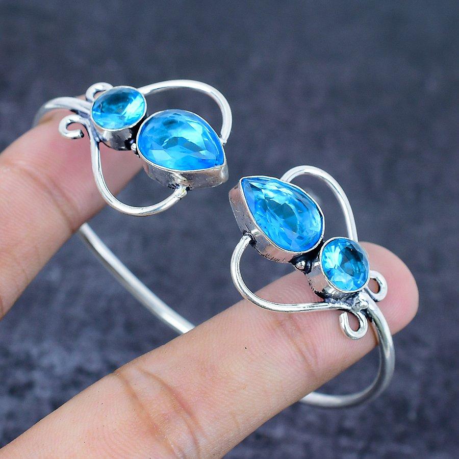 Swiss Blue Topaz Gemstone 925 Sterling Silver Cuff Bangle Adj