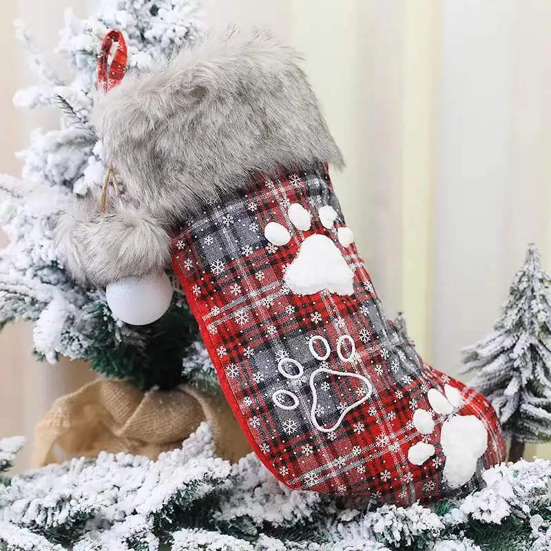 1pc Dog Christmas Ornaments Socks Pendants XMAS Fur Collar Lattice Socks Christmas Tree Decorations Navidad  Wholesale