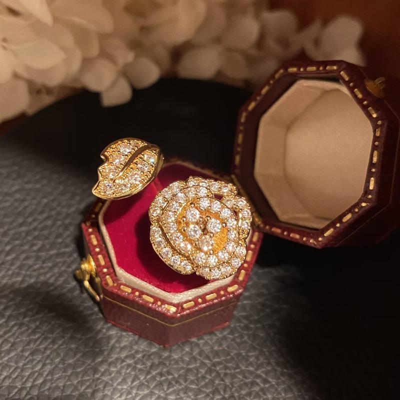 Camellia Ring Super Flash Opening Adjustable Golden Branches and Jade Leaves Rose Temperament Flower Ring
