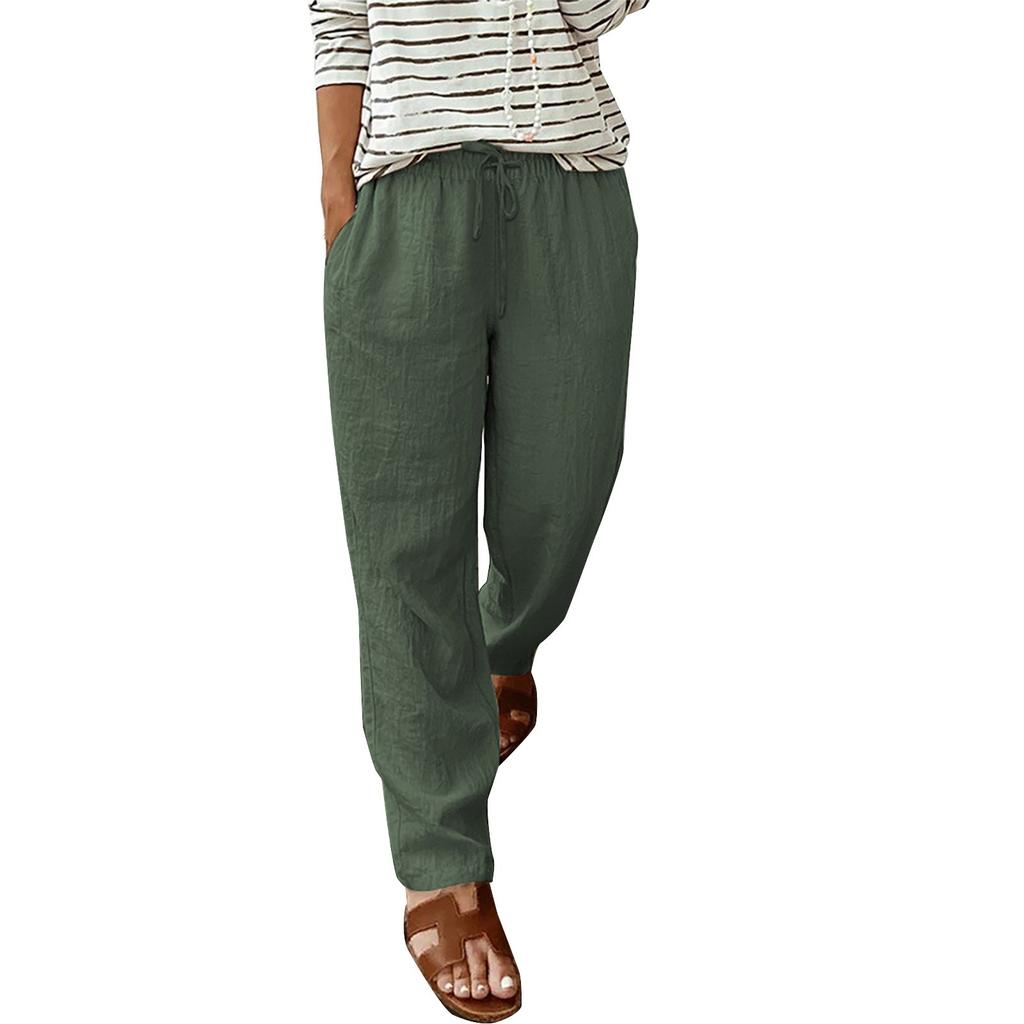 Dámské jednobarevné bavlněné a lněné kalhoty s kapsami a elastickým pasem, volnočasové kalhoty