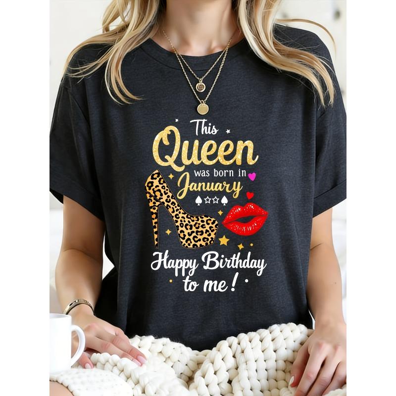 European Size Women'S Short Sleeve T-Shirt - Black T-Shirt with In January Happy Birthday Printed Design, Casual Round Neck, All-Season Fashion Top