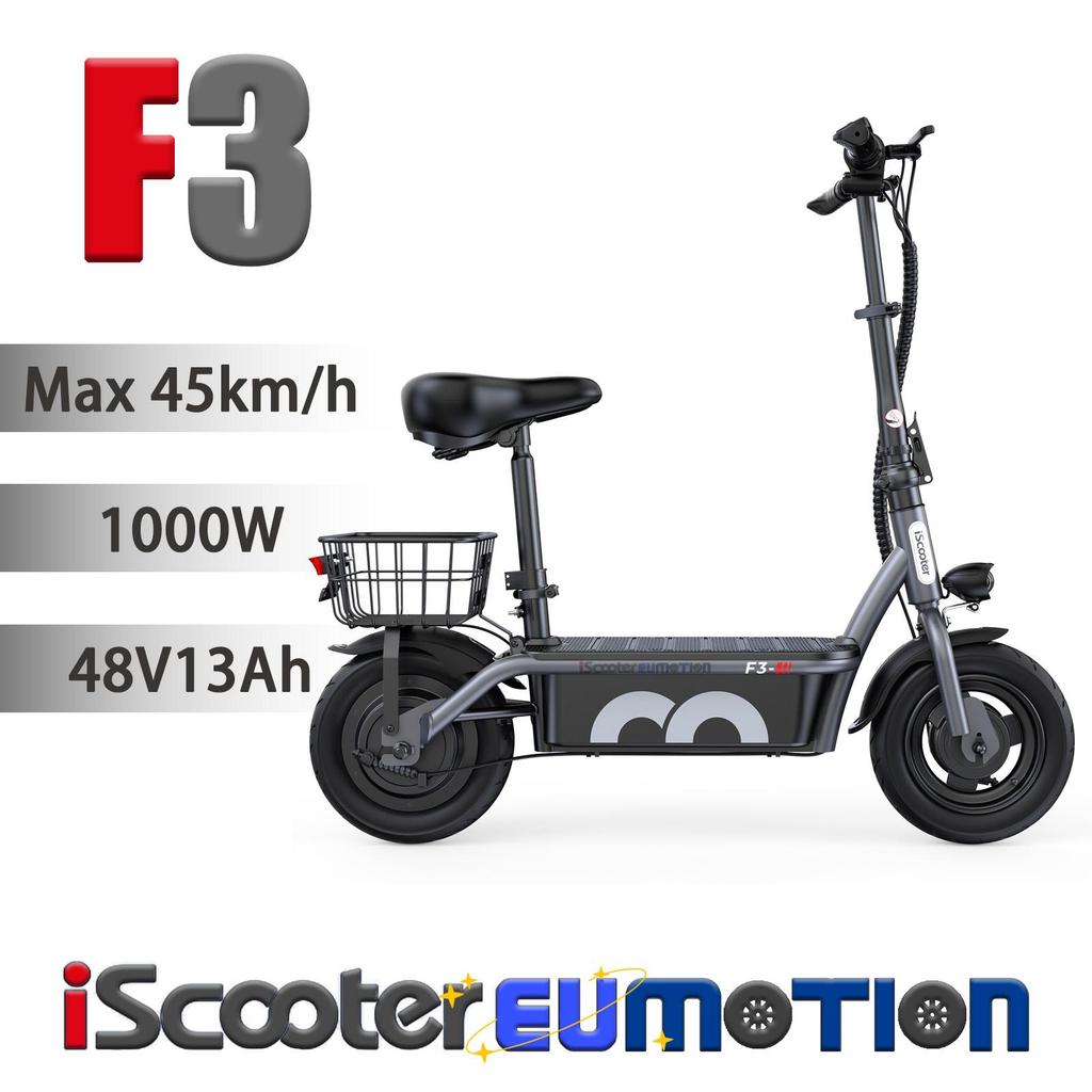 10" Electric Cargo E-Scooter 120kg Max Load, 1000W Motor, 48V13Ah Battery, Dual Drum Brakes, Comfort Seat, Rear Basket iScooter F3 Mobility E-Scooter