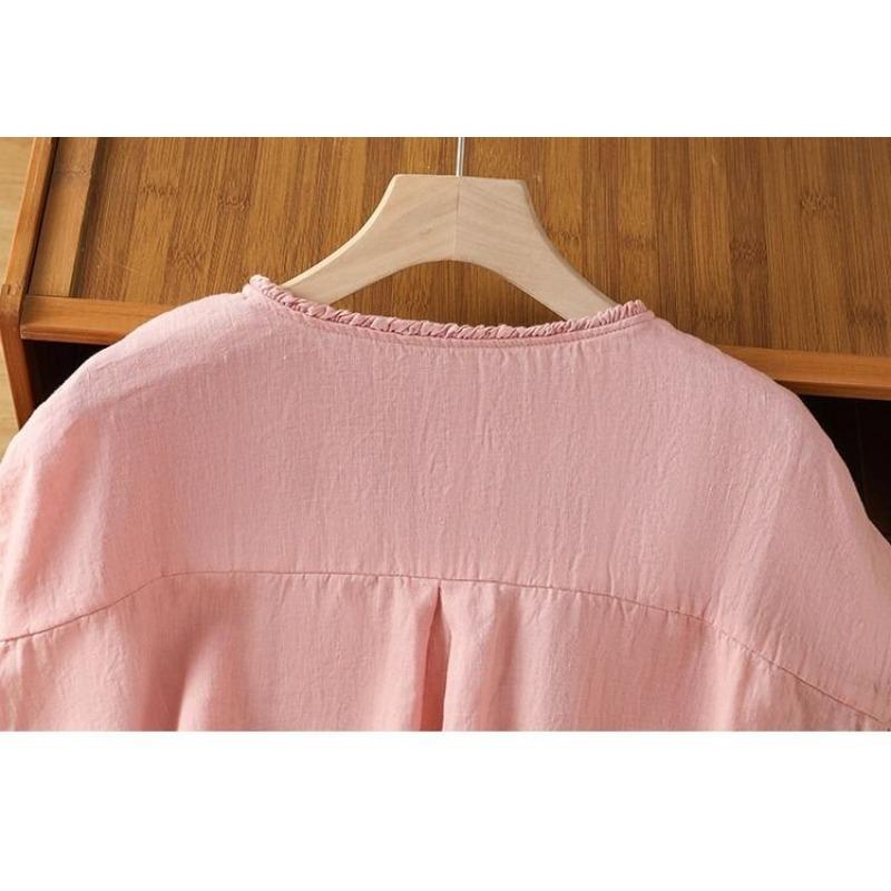 Women Solid Color Ruffle Linen Cotton Shirt Casual Cap Sleeve Breathable Summer Blouse